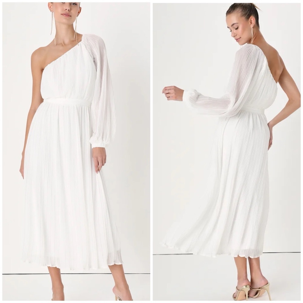 Lulus White One Shoulder Pleated M Midi Dress Long Sleeve Grecian Goddess
Style